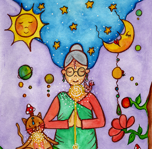 Woman and her cat meditating under sun and moon, peaceful scene representing harmony, balance and connection, spiritual coffee mug design.  This is a print of the original illustration by Brazilian artist Thaís Suizo.