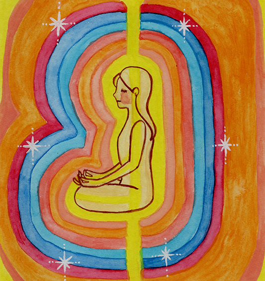 Woman surrounded by radiant multi-colored aura, representing energy, emotion and spiritual awareness, vibrant mindfulness artwork on a coffee mug.  This is a print of the original illustration by Brazilian artist Thaís Suizo.