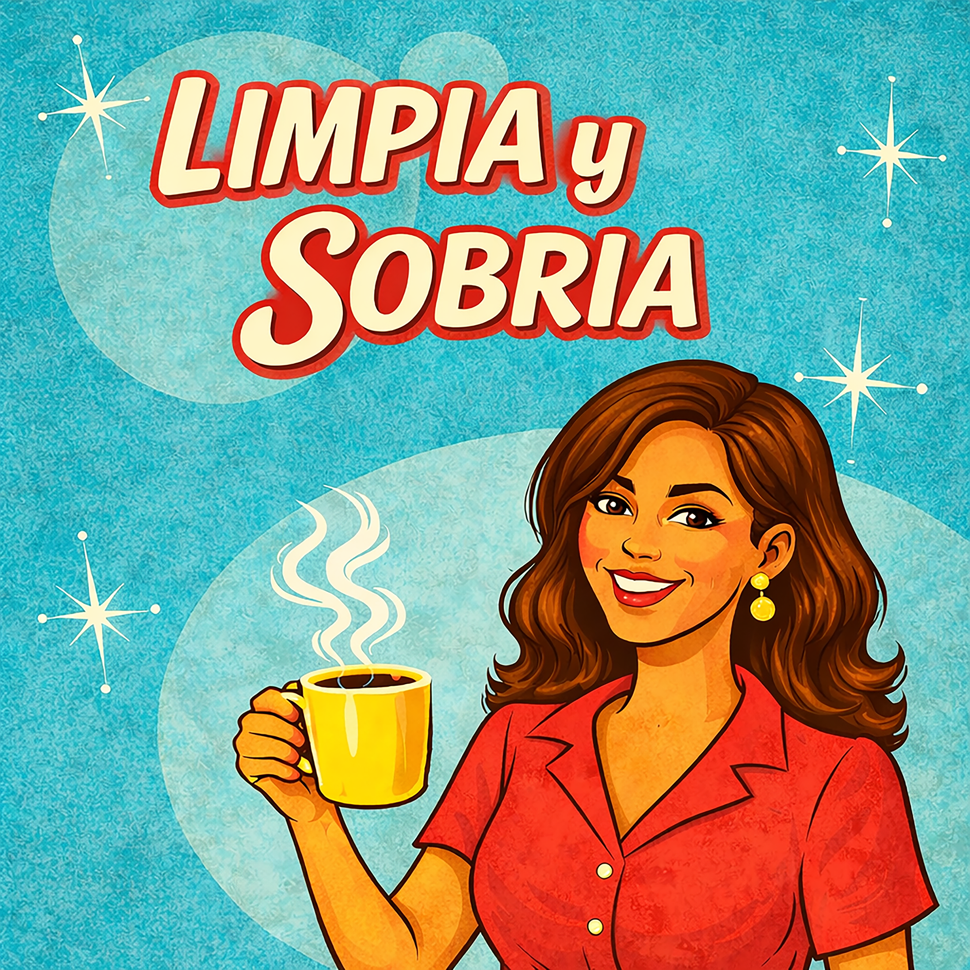 Miniatura de una Diseño retro en español para taza de café con mujer sonriente sosteniendo una taza caliente y texto “Limpia y Sobria”, inspirado en anuncios vintage clásicos sobre recuperación y vida sobria.