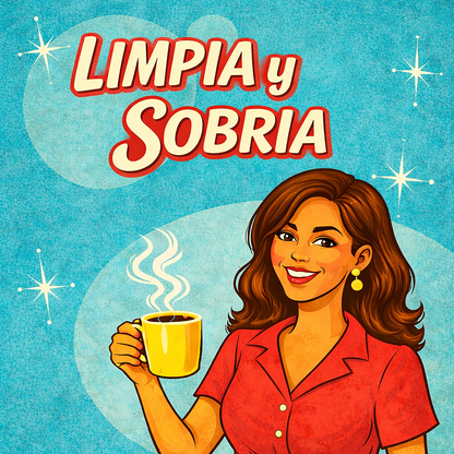 Miniatura de una Diseño retro en español para taza de café con mujer sonriente sosteniendo una taza caliente y texto “Limpia y Sobria”, inspirado en anuncios vintage clásicos sobre recuperación y vida sobria.