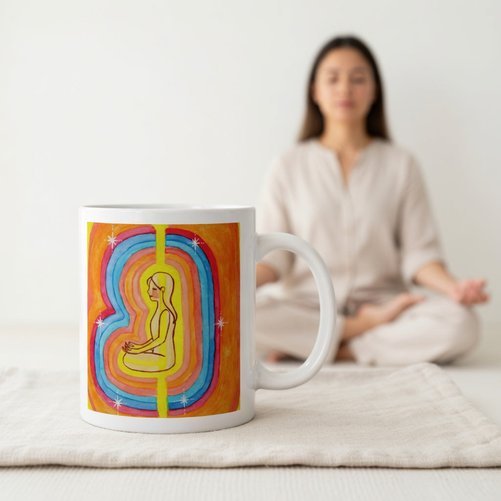 Woman surrounded by radiant multi-colored aura, representing energy, emotion and spiritual awareness, vibrant mindfulness artwork on a coffee mug.  The mug is sitting on a white cloth. A woman is meditating in the background.