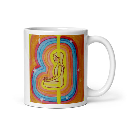 Woman surrounded by radiant multi-colored aura, representing energy, emotion and spiritual awareness, vibrant mindfulness artwork on a coffee mug. This illustration is on both sides of the mug. In this image the handle of the mug is on the right side.