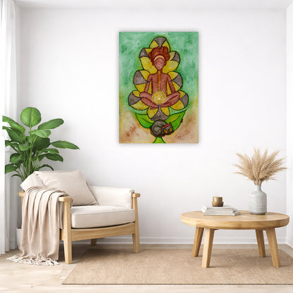 Canvas of a woman's sacral chakra glowing and the energy around her. This is a print of the original hand-painted watercolor by Brazilian artist Thaís Suizo for the LET'S MEDITATE SERIES of mediation guides.  The poster is in the center of the living room wall. Below the poster to the left is a living room chair, a floor plant and white curtains. To the right is a small table with books, a candle and a vase with dry flora.