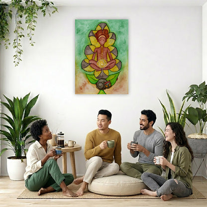 Canvas of a woman's sacral chakra glowing and the energy around her. This is a print of the original hand-painted watercolor by Brazilian artist Thaís Suizo for the LET'S MEDITATE SERIES of mediation guides. The poster is in the center of the living room wall. Four friends are sitting on the living room carpet below the poster. They are drinking coffee. To the left is a green floor plant and a hanging green plant. To the right of them is a green floor plant.
