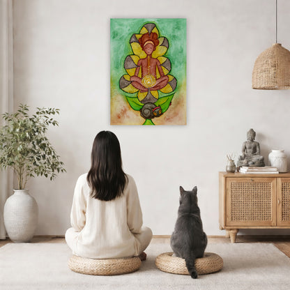 Canvas of a woman's sacral chakra glowing and the energy around her. This is a print of the original hand-painted watercolor by Brazilian artist Thaís Suizo for the LET'S MEDITATE SERIES of mediation guides.  The poster is in the center of the living room wall. A woman and a cat are staring up at the poster. There is a potted plant on the left side and a cabinet with a Buddha statue, books and incense on the right side.
 