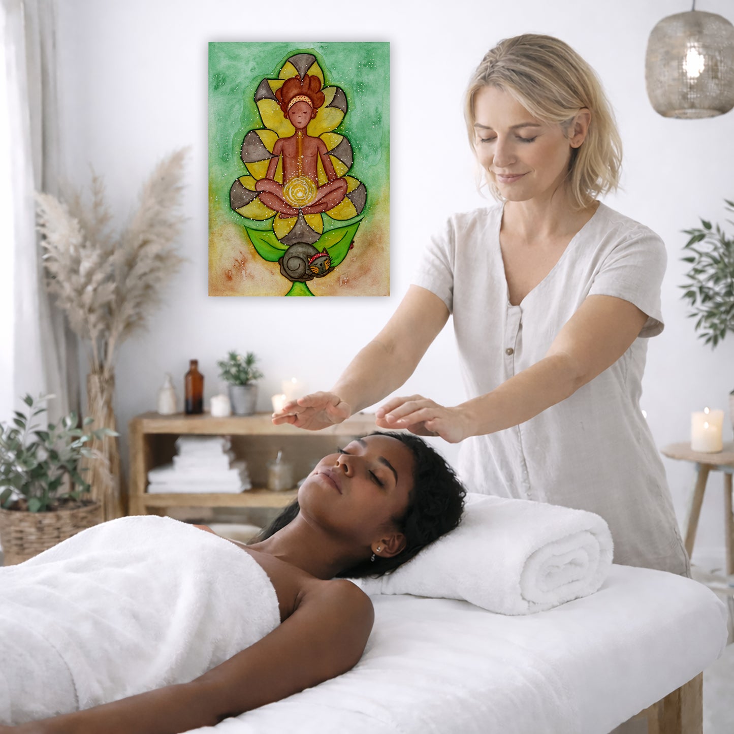 Canvas of a woman's sacral chakra glowing and the energy around her. This is a print of the original hand-painted watercolor by Brazilian artist Thaís Suizo for the LET'S MEDITATE SERIES of mediation guides. The poster is on the wall of the office of a reiki master. The master is giving her client a massage. The client is lying face up on a massage table wearing a white towel. To the left is a window, floor plant and vase of dry flora. There is a shelf underneath the poster with candles burning.  