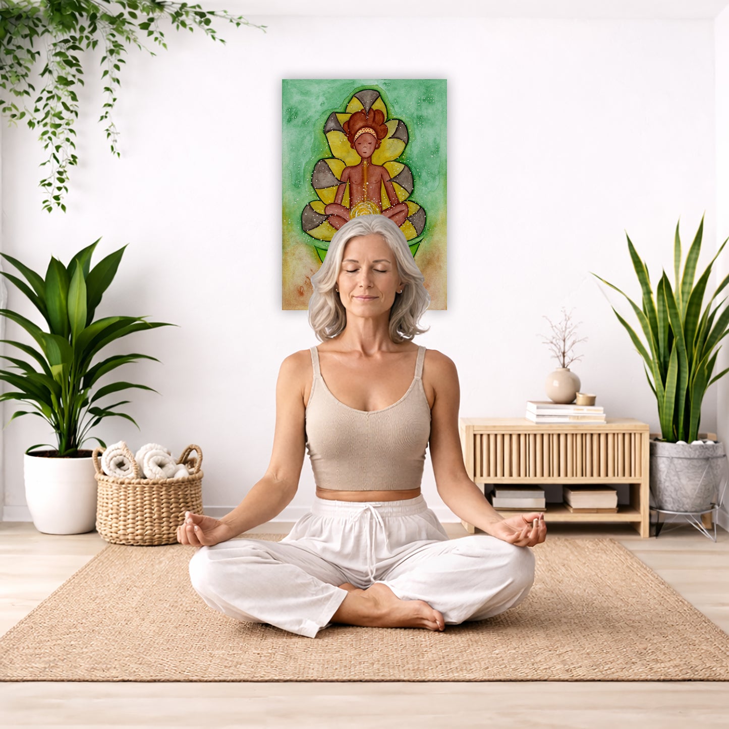 Canvas of a woman's sacral chakra glowing and the energy around her. This is a print of the original hand-painted watercolor by Brazilian artist Thaís Suizo for the LET'S MEDITATE SERIES of mediation guides.  The poster is in the center of the living room wall. There is a woman meditating facing away from the wall. Behind her is a coffee table with incense and a Buddha statue. There are potted plants on the right and left side of the background.
