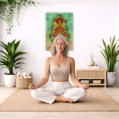 Canvas of a woman's sacral chakra glowing and the energy around her. This is a print of the original hand-painted watercolor by Brazilian artist Thaís Suizo for the LET'S MEDITATE SERIES of mediation guides.  The poster is in the center of the living room wall. There is a woman meditating facing away from the wall. Behind her is a coffee table with incense and a Buddha statue. There are potted plants on the right and left side of the background.

