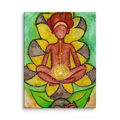 Canvas of a woman's sacral chakra glowing and the energy around her. This is a print of the original hand-painted watercolor by Brazilian artist Thaís Suizo for the LET'S MEDITATE SERIES of mediation guides. 