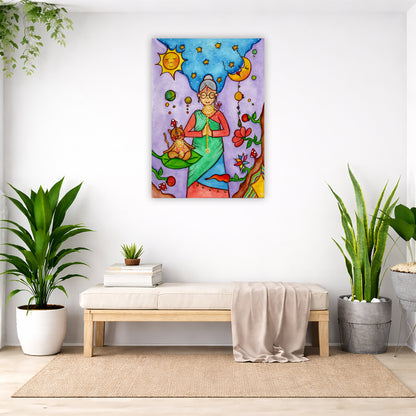 canvas print of a woman and her cat meditating under the sun and the moon. Both have a glowing throat chakra.  The poster is in the center of the living room wall. Below the poster is a padded bench. On the bench is a pile of books and a small green potted plant. There is a silk sheet draped over the bench. There is a green hanging plant and floor plant on the left. There are two floor plants on the right.