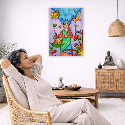 canvas print of a woman and her cat meditating under the sun and the moon. Both have a glowing throat chakra. The poster is in the center of the living room wall. To the left a woman is relaxing in her chair with her hands behind her head. There is a small coffee table beside her with a bowl of walnuts, incense and a small green plant. On the right side of the room is a cabinet with a Buddha statue, books and an urn on it. To the left is a green floor plant.