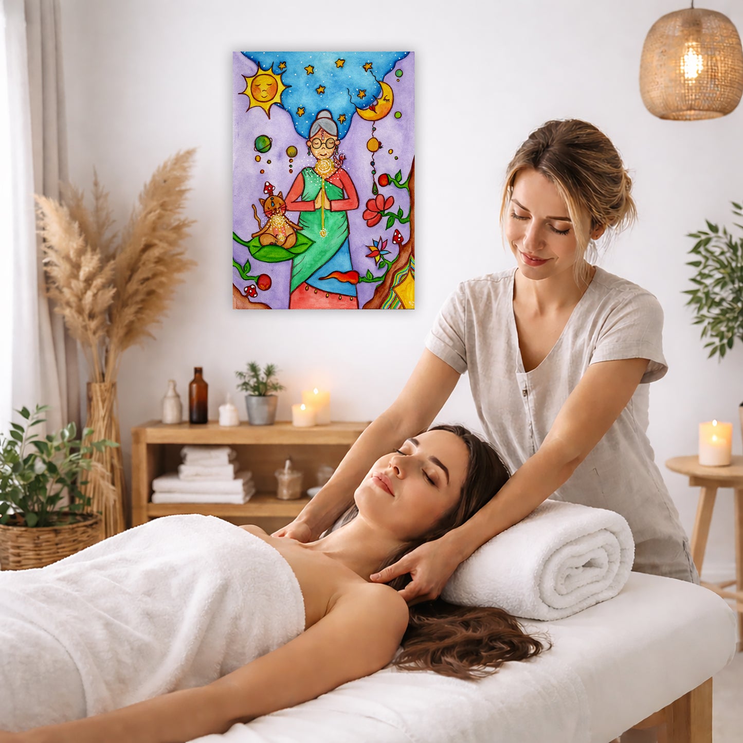 Throat chakra canvas print of a woman and her cat meditating under the sun and the moon. The poster is on the wall of the office of a massage therapist. The therapist is giving her female client a massage. The client is lying face up on a massage table wearing a white towel. To the left is a window, floor plant and large vase of dry flora. A shelf is underneath the poster with candles burning. There's a candle burning on a small table and a hanging lamp with a wicker shade on the right