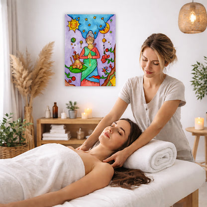 Throat chakra canvas print of a woman and her cat meditating under the sun and the moon. The poster is on the wall of the office of a massage therapist. The therapist is giving her female client a massage. The client is lying face up on a massage table wearing a white towel. To the left is a window, floor plant and large vase of dry flora. A shelf is underneath the poster with candles burning. There's a candle burning on a small table and a hanging lamp with a wicker shade on the right