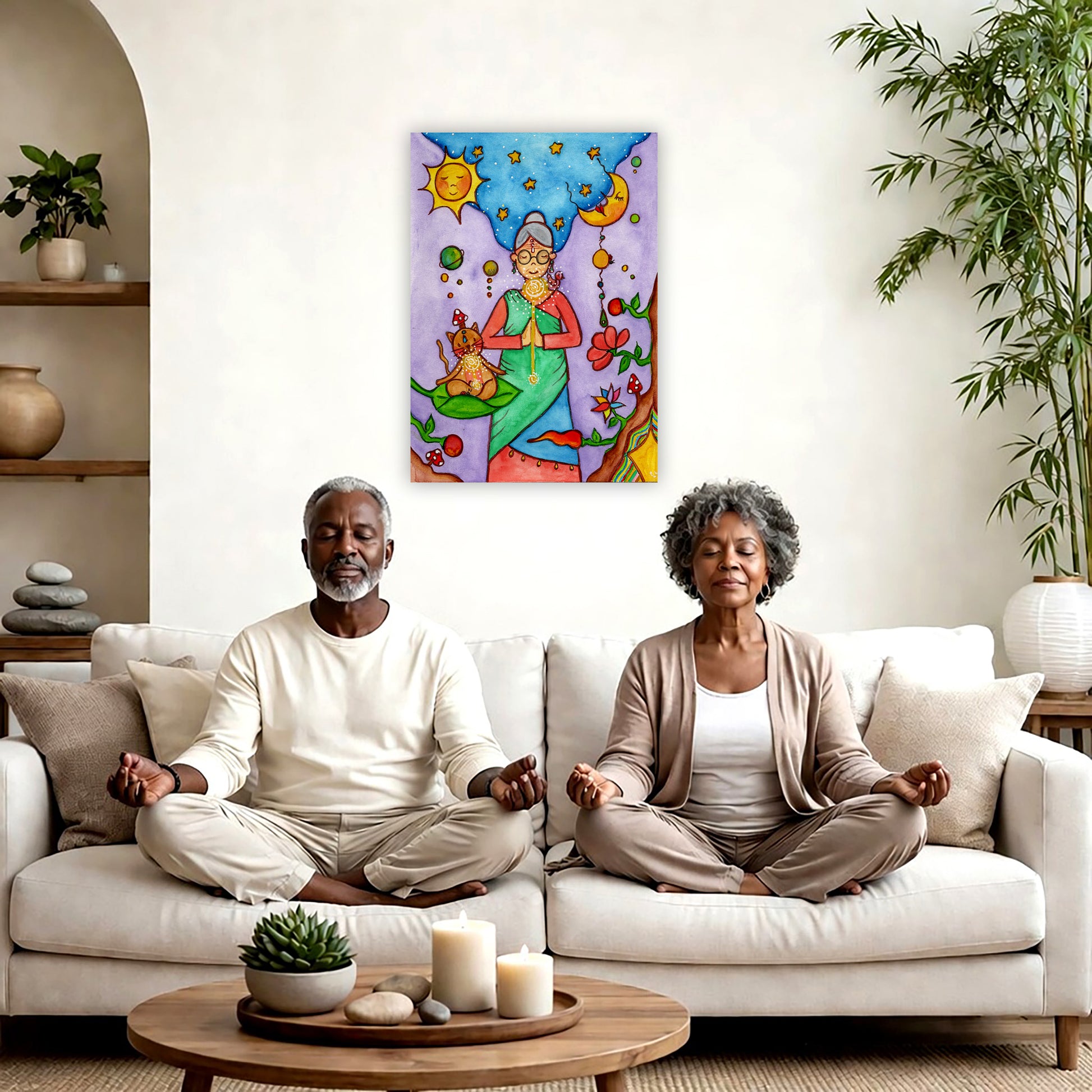 Throat chakra canvas print of a woman and her cat meditating under the sun and the moon.  A couple is meditating on their couch. The poster is framed on a wall behind them. There is a coffee table in front with candles burning and a potted plant. There is a potted plant to the right and shelves on the left.
