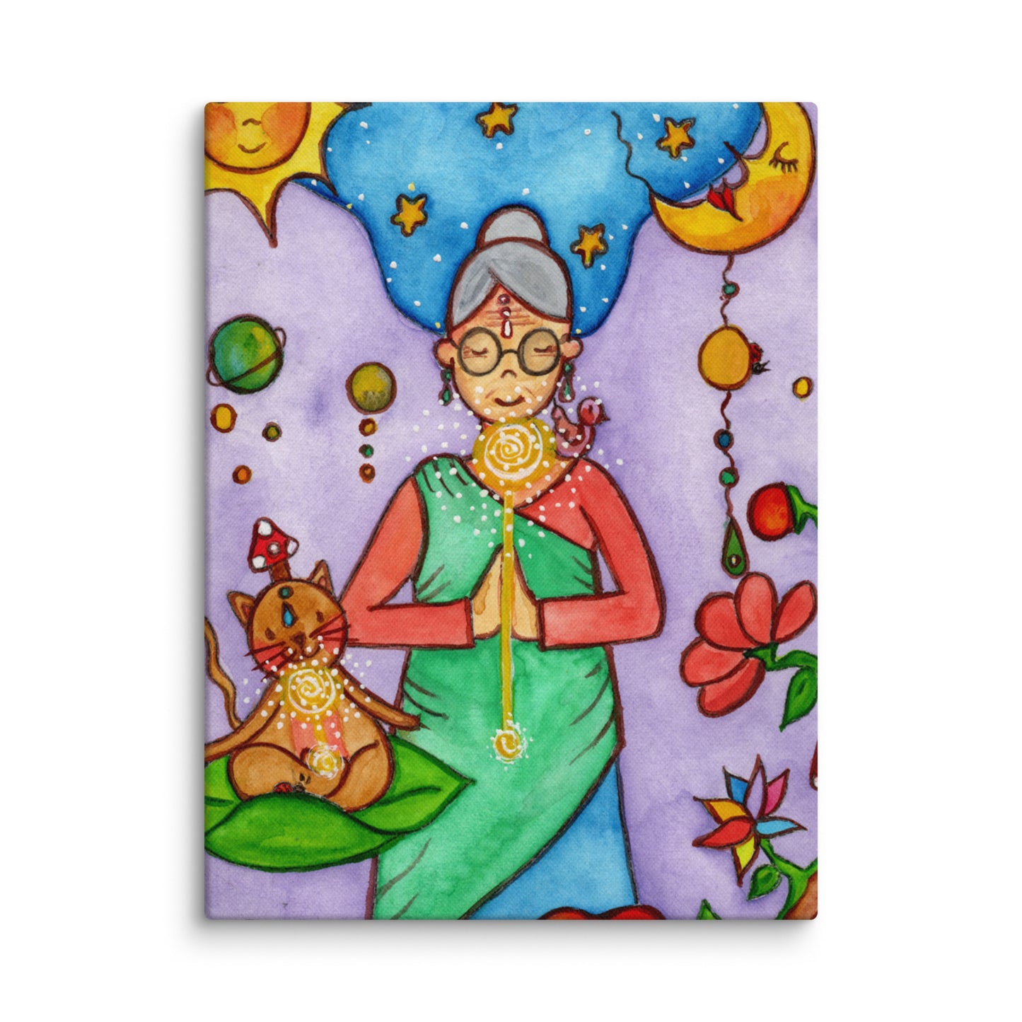 canvas print of a woman and her cat meditating under the sun and the moon. Both have a glowing throat chakra.  
