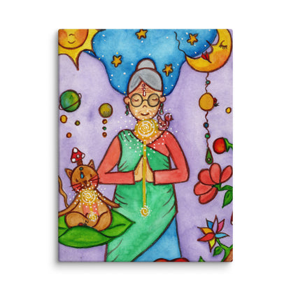 canvas print of a woman and her cat meditating under the sun and the moon. Both have a glowing throat chakra.  