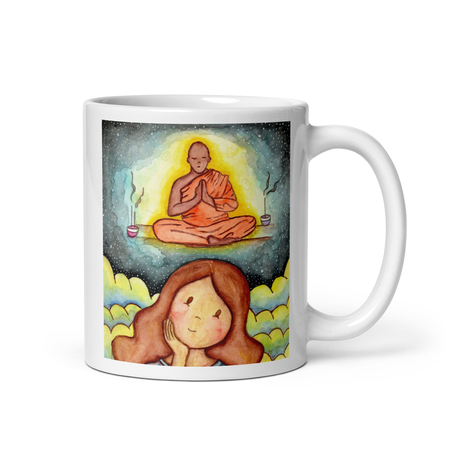 Thoughtful woman reflecting on meditation journey, symbolizing curiosity, self-discovery and mindfulness, inspirational coffee mug artwork. This illustration is on both sides of the mug. In this image the handle of the mug is on the right side.