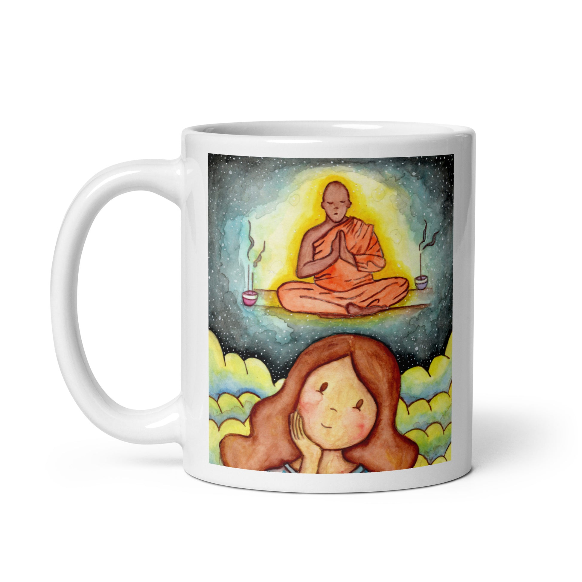 Thoughtful woman reflecting on meditation journey, symbolizing curiosity, self-discovery and mindfulness, inspirational coffee mug artwork. This illustration is on both sides of the mug. In this image the handle of the mug is on the left side.