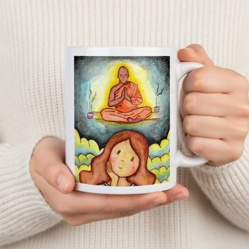 Thoughtful woman reflecting on meditation journey, symbolizing curiosity, self-discovery and mindfulness, inspirational coffee mug artwork.  The hands of a person wearing a white sweater are holding the mug up to display the design.