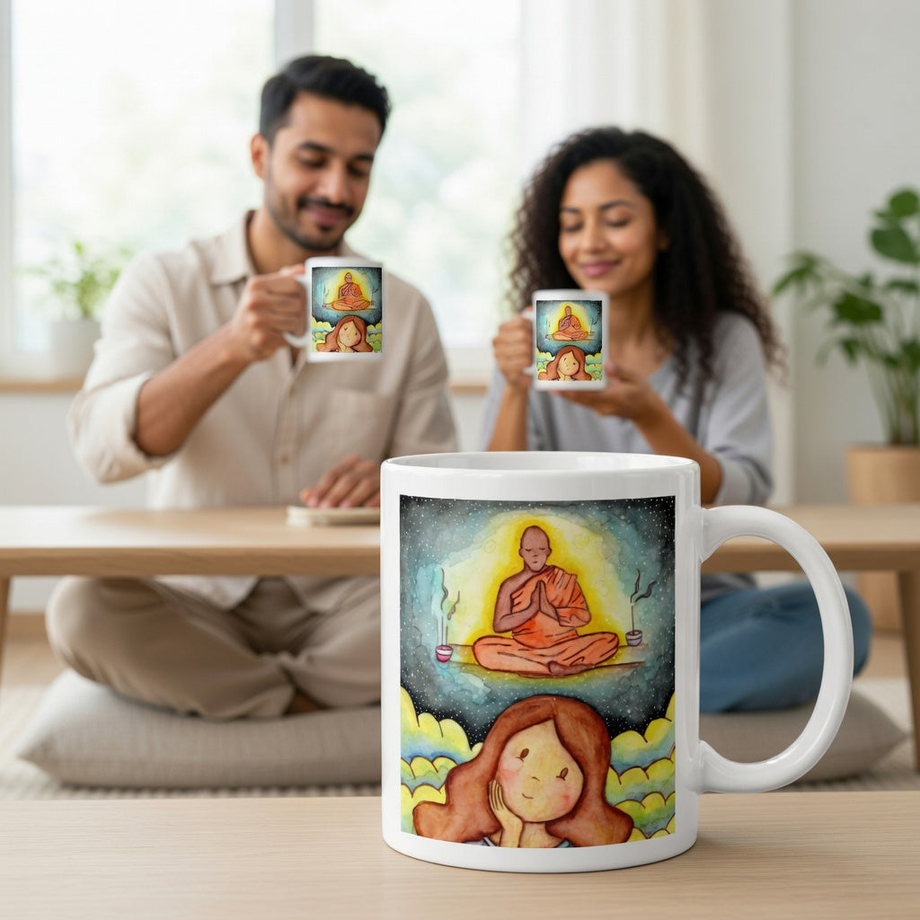 Thoughtful woman reflecting on meditation journey, symbolizing curiosity, self-discovery and mindfulness, inspirational coffee mug artwork.  There is a large display mug in the bottom center of the image. In the background a couple is sitting and drinking from their meditation mugs.
