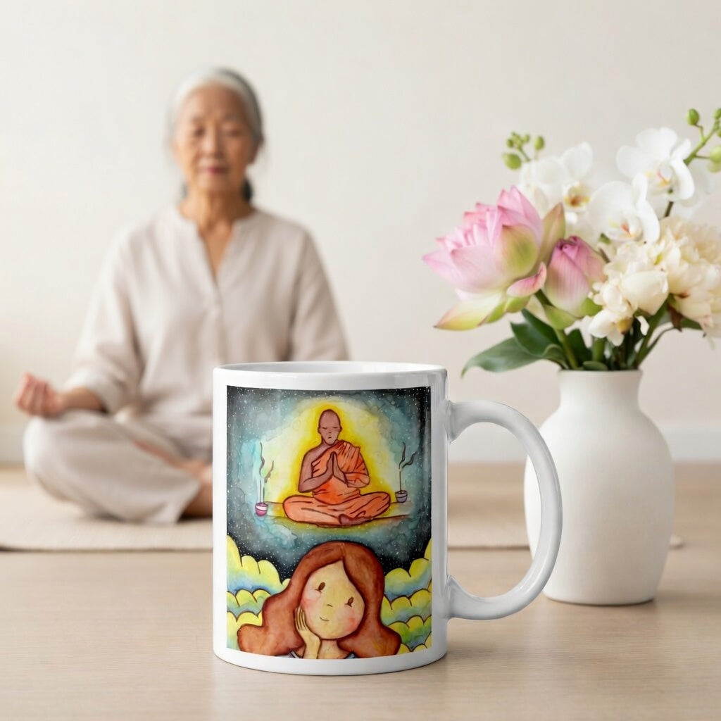 Thoughtful woman reflecting on meditation journey, symbolizing curiosity, self-discovery and mindfulness, inspirational coffee mug artwork. The mug is on the floor at the bottom center of the image. In the background a woman is meditating. Beside the mug is a vase of flowers.