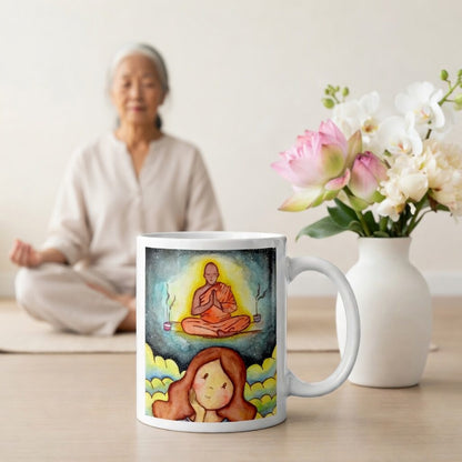 Thoughtful woman reflecting on meditation journey, symbolizing curiosity, self-discovery and mindfulness, inspirational coffee mug artwork. The mug is on the floor at the bottom center of the image. In the background a woman is meditating. Beside the mug is a vase of flowers.