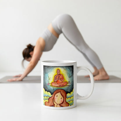 Thoughtful woman reflecting on meditation journey, symbolizing curiosity, self-discovery and mindfulness, inspirational coffee mug artwork.  The mug is in front of a woman doing the yoga posture downward facing dog.