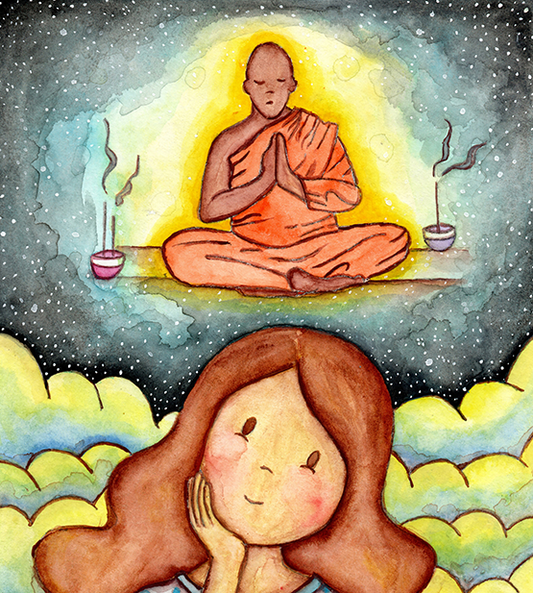 Thoughtful woman reflecting on meditation journey, symbolizing curiosity, self-discovery and mindfulness, inspirational coffee mug artwork.  This is a print of the original illustration by Brazilian artist Thaís Suizo.