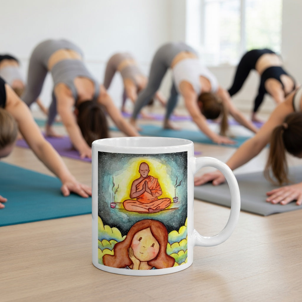 Thoughtful woman reflecting on meditation journey, symbolizing curiosity, self-discovery and mindfulness, inspirational coffee mug artwork. The mug is in front of a yoga class doing the downward facing dog posture.