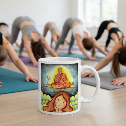 Thoughtful woman reflecting on meditation journey, symbolizing curiosity, self-discovery and mindfulness, inspirational coffee mug artwork. The mug is in front of a yoga class doing the downward facing dog posture.