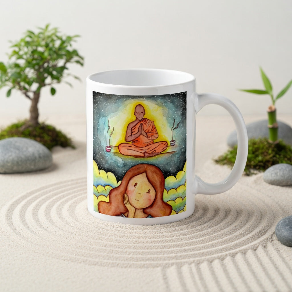 Thoughtful woman reflecting on meditation journey, symbolizing curiosity, self-discovery and mindfulness, inspirational coffee mug artwork. The mug is in a beautifully raked zen garden with bushes and plants behind it.