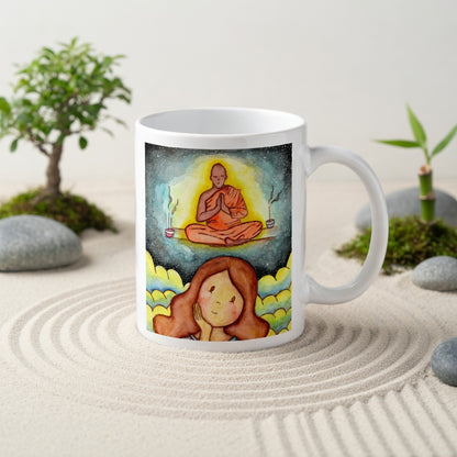 Thoughtful woman reflecting on meditation journey, symbolizing curiosity, self-discovery and mindfulness, inspirational coffee mug artwork. The mug is in a beautifully raked zen garden with bushes and plants behind it.