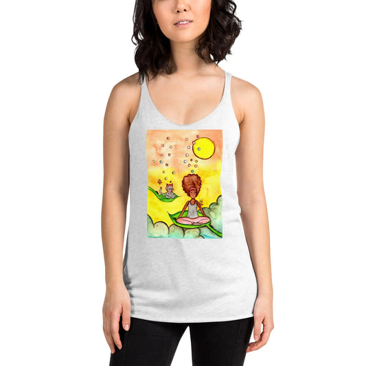 Women's Racerback Tank Top (cat and woman meditating)