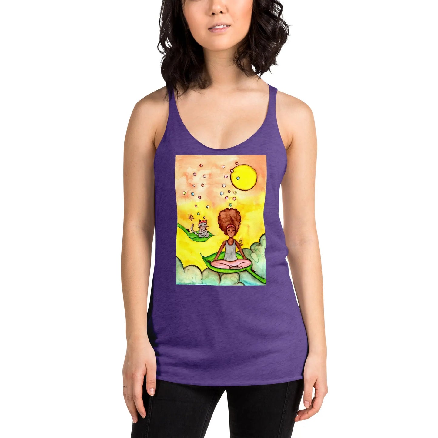 Women's Racerback Tank Top (cat and woman meditating)
