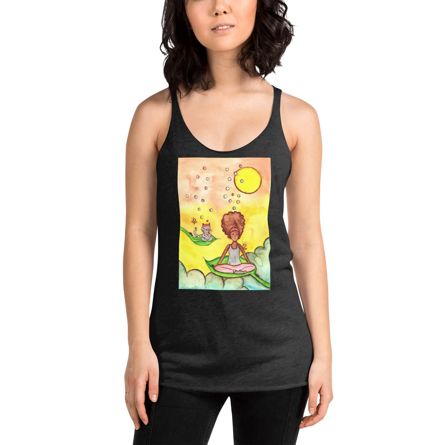 Women's Racerback Tank Top (cat and woman meditating)