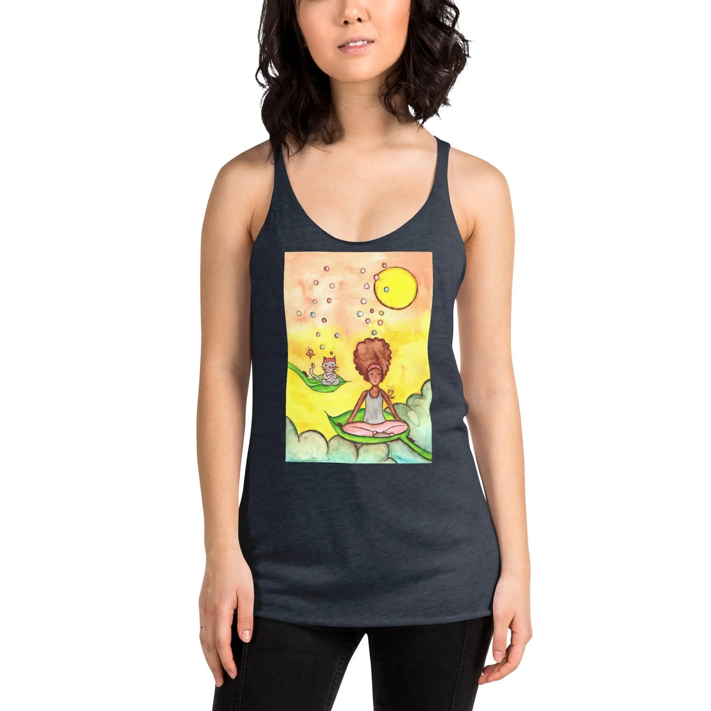 Women's Racerback Tank Top (cat and woman meditating)
