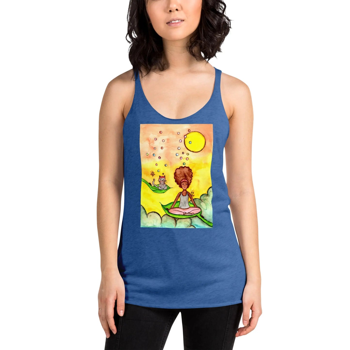 Women's Racerback Tank Top (cat and woman meditating)