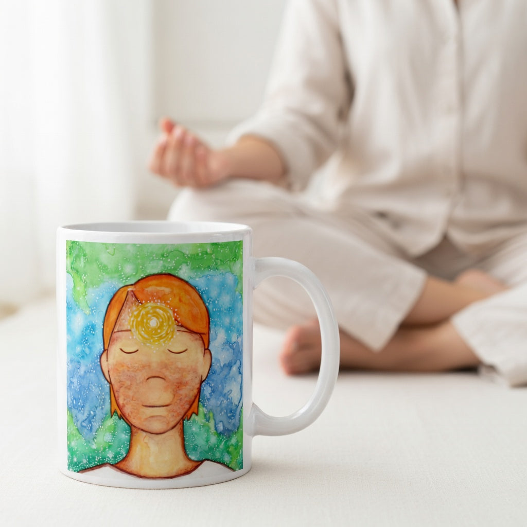 Man meditating with glowing third eye chakra on forehead, symbolizing intuition, awareness and inner vision, spiritual chakra artwork on a meditation themed coffee mug.  A woman is meditating in the background. There is a curtain in the background on the left side of the mug.