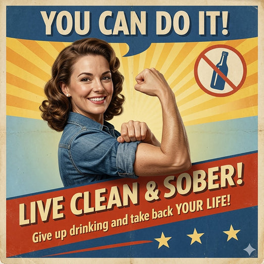 Vintage-style sobriety coffee mug design featuring empowering retro artwork, “You Can Do It” messaging, and inspirational sober living themes promoting recovery and positive life change.