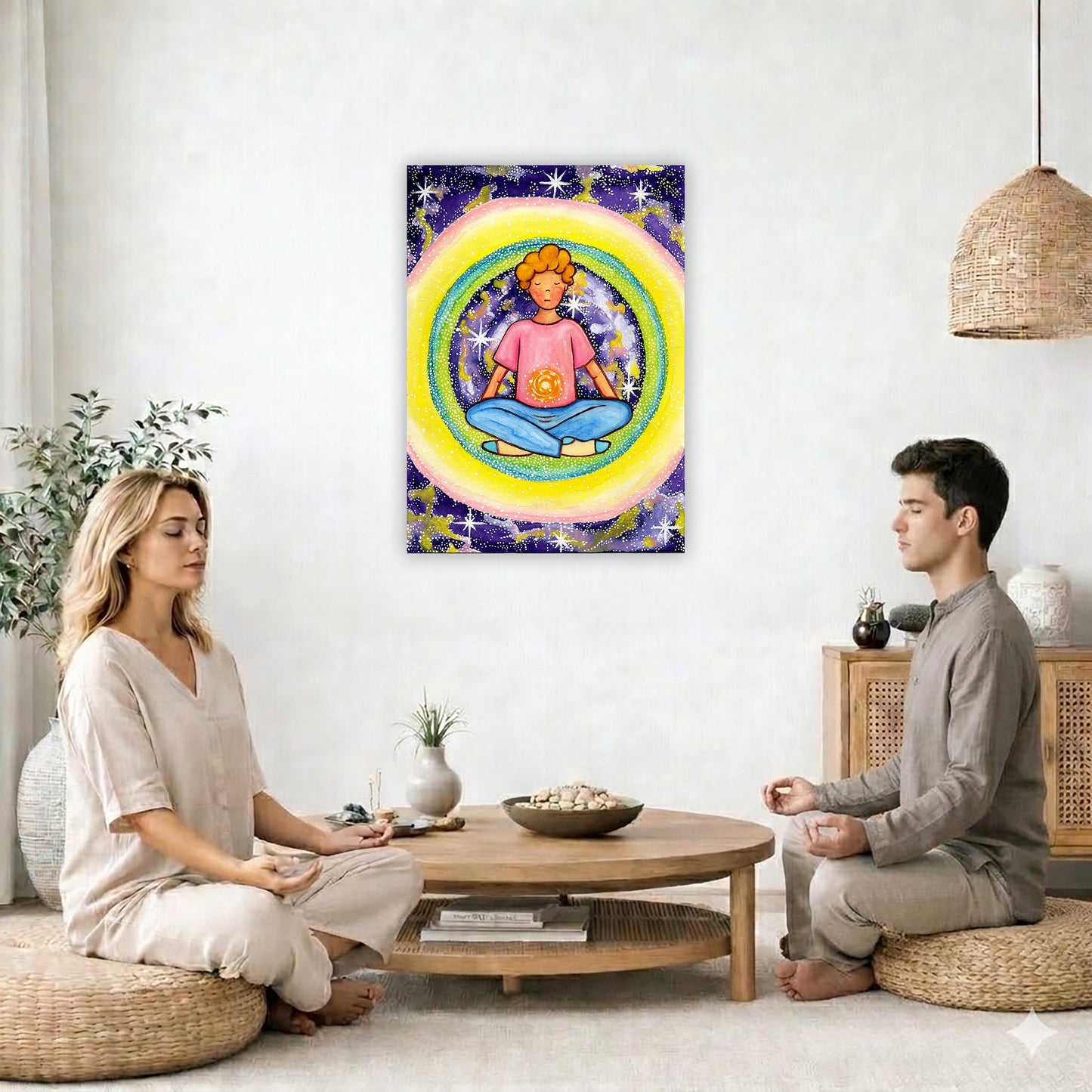 Young man meditating with his solar plexus glowing canvas. Surrounding him is his colorful aura. This is a print of the original hand-painted watercolor by artist Thaís Suizo for the LET'S MEDITATE SERIES of mediation guides. The poster is in the center of the living room wall. Two friends are sitting on wicker pillows meditating. Between them is a small round coffee table with incense, a green potted plant and a bowl of shells. There is a potted plant to the left and a Buddha statue and vase to the right.