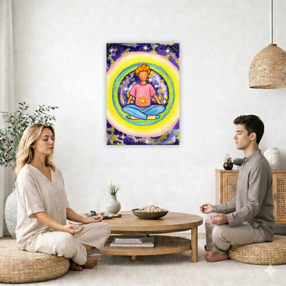 Young man meditating with his solar plexus glowing canvas. Surrounding him is his colorful aura. This is a print of the original hand-painted watercolor by artist Thaís Suizo for the LET'S MEDITATE SERIES of mediation guides. The poster is in the center of the living room wall. Two friends are sitting on wicker pillows meditating. Between them is a small round coffee table with incense, a green potted plant and a bowl of shells. There is a potted plant to the left and a Buddha statue and vase to the right.