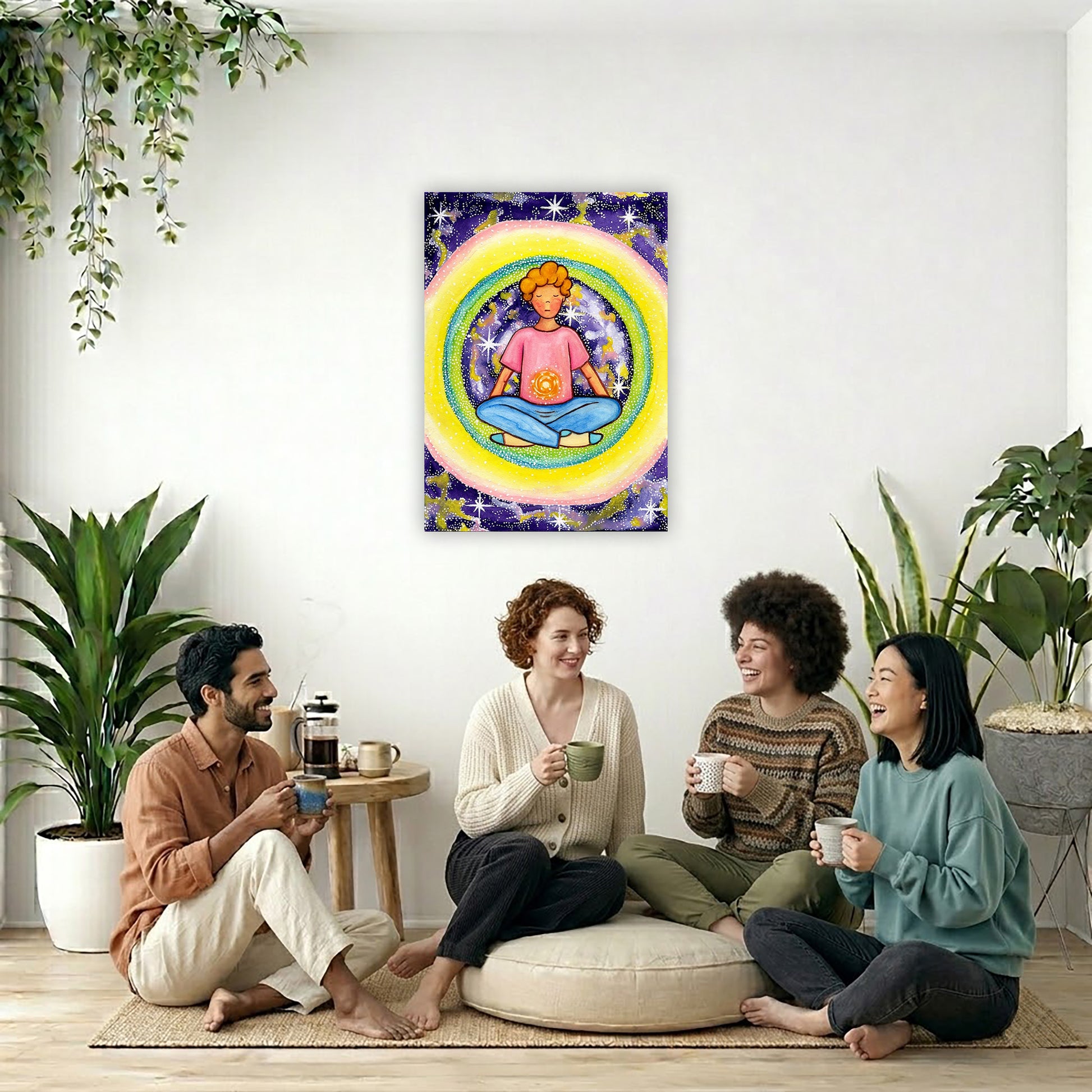 Young man meditating with his solar plexus glowing canvas. Surrounding him is his colorful aura. This is a print of the original hand-painted watercolor by artist Thaís Suizo for the LET'S MEDITATE SERIES of mediation guides. The poster is in the center of the living room wall. Four friends are sitting on the living room carpet below the poster. They are drinking coffee. To the left is a green floor plant and a hanging green plant. To the right of them is a green floor plant. 