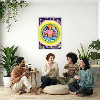 Young man meditating with his solar plexus glowing canvas. Surrounding him is his colorful aura. This is a print of the original hand-painted watercolor by artist Thaís Suizo for the LET'S MEDITATE SERIES of mediation guides. The poster is in the center of the living room wall. Four friends are sitting on the living room carpet below the poster. They are drinking coffee. To the left is a green floor plant and a hanging green plant. To the right of them is a green floor plant. 