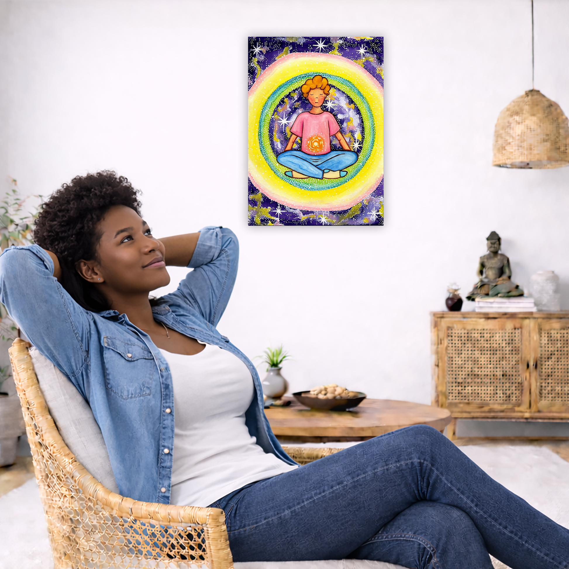 Young man meditating with his solar plexus glowing canvas. Surrounding him is his colorful aura. This is a print of the original hand-painted watercolor by artist Thaís Suizo for the LET'S MEDITATE SERIES of mediation guides.  The poster is in the center of the living room wall. To the left a woman is relaxing in her chair with her hands behind her head. There is a small coffee table beside her with a bowl of walnuts, incense and a small green plant. On the right side of the room is a cabinet with a Buddha 