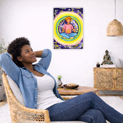 Young man meditating with his solar plexus glowing canvas. Surrounding him is his colorful aura. This is a print of the original hand-painted watercolor by artist Thaís Suizo for the LET'S MEDITATE SERIES of mediation guides.  The poster is in the center of the living room wall. To the left a woman is relaxing in her chair with her hands behind her head. There is a small coffee table beside her with a bowl of walnuts, incense and a small green plant. On the right side of the room is a cabinet with a Buddha 