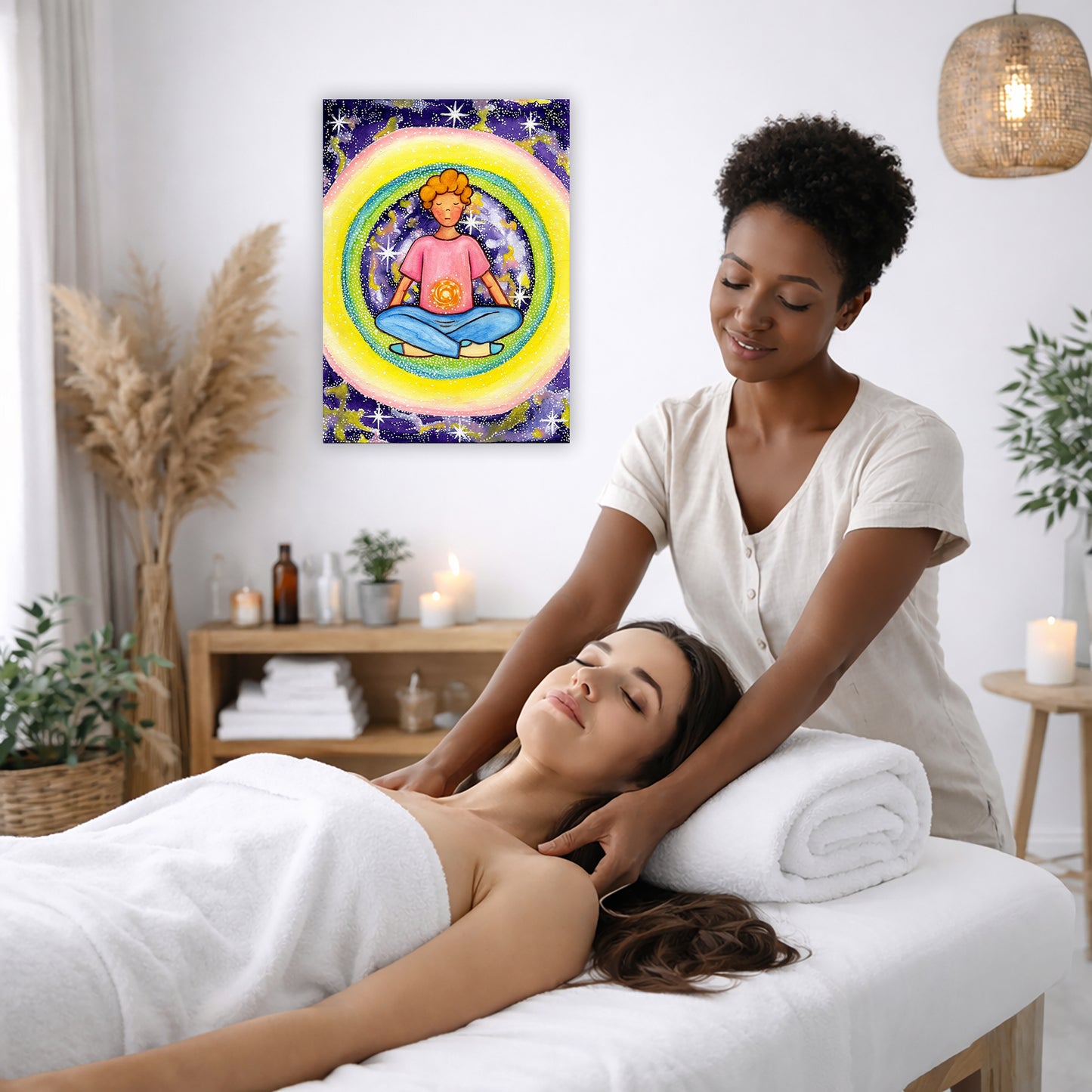 Young man meditating with his solar plexus glowing canvas. Surrounding him is his colorful aura. This is a print of the original hand-painted watercolor by artist Thaís Suizo for the LET'S MEDITATE SERIES of mediation guides. The poster is on the wall of the office of a massage therapist. The therapist is giving her female client a massage. The client is lying face up on a massage table wearing a white towel. To the left is a window, floor plant and large vase of dry flora. A shelf is underneath the poster 