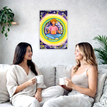 Young man meditating with his solar plexus glowing canvas. Surrounding him is his colorful aura. This is a print of the original hand-painted watercolor by artist Thaís Suizo for the LET'S MEDITATE SERIES of mediation guides. The poster is in the center of the living room wall. Two female friends are having tea, grapes and cookies on a coffee table in front of the poster. On the left there is a green potted plant and to the right there is a hanging lamp.