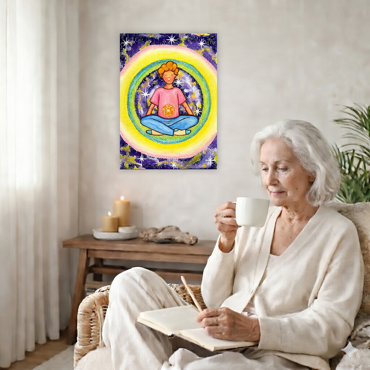 Young man meditating with his solar plexus glowing canvas. Surrounding him is his colorful aura. This is a print of the original hand-painted watercolor by artist Thaís Suizo for the LET'S MEDITATE SERIES of mediation guides.  The poster is in the center of the living room wall. There is a coffee table below the poster with burning candles. A woman is sitting in a wicker chair on the right side of the poster with a cup of tea writing in her journal.
