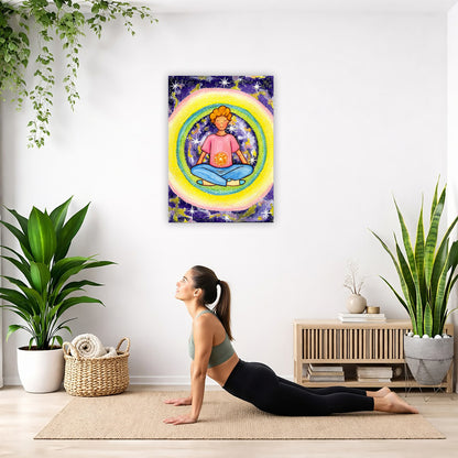 Young man meditating with his solar plexus glowing canvas. Surrounding him is his colorful aura. This is a print of the original hand-painted watercolor by artist Thaís Suizo for the LET'S MEDITATE SERIES of mediation guides.  The poster is hanging on the wall. A woman on her yoga mat is doing the cobra pose in front of the poster. There is a potted plant and a hanging plant on the left side. A padded bench with material draped over it is behind her. On the right side are two potted plants.
