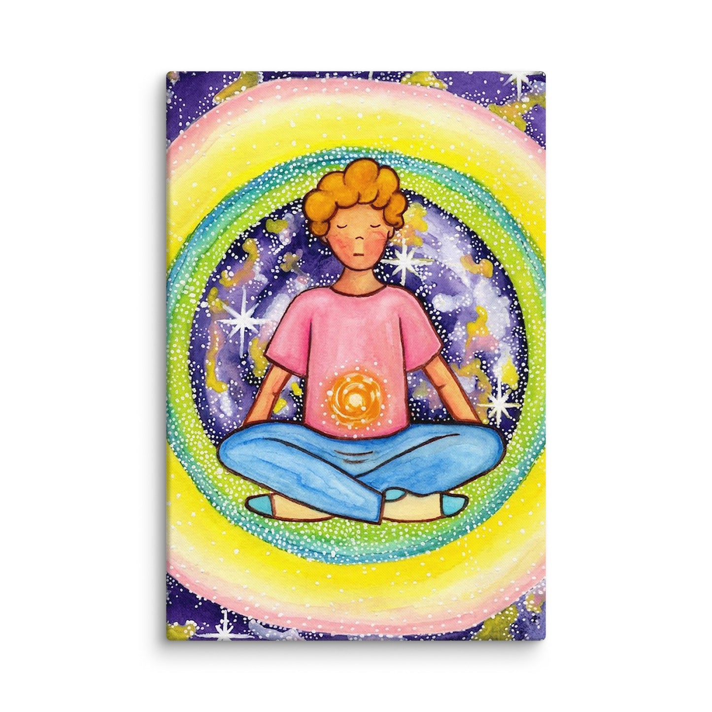 Young man meditating with his solar plexus glowing canvas. Surrounding him is his colorful aura. This is a print of the original hand-painted watercolor by artist Thaís Suizo for the LET'S MEDITATE SERIES of mediation guides.